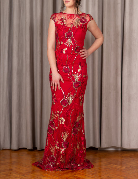 Vestido Vermelho c/ Lantejoulas Dourado